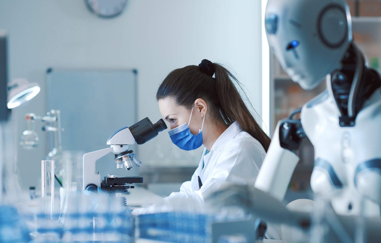 Scientist and humanoid AI robot in the science lab